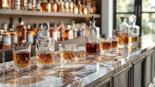 Bottles of Liquor Lined Up on a Bar © olegganko