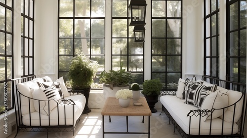 Sunroom in crisp whites and soft tans with black wrought iron details. photo