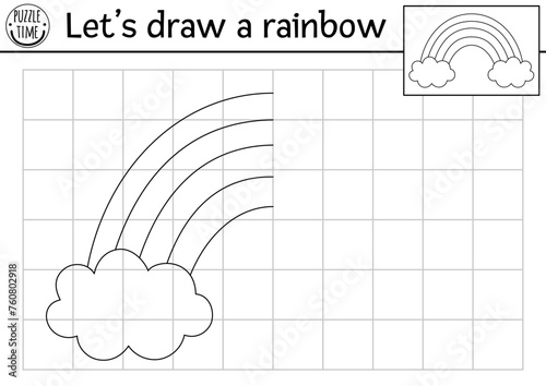 Complete the rainbow with clouds. Vector unicorn symmetrical drawing practice worksheet. Printable fairytale black and white activity for kids. Magic world copy the picture coloring page .