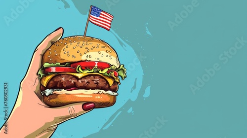 Hand holding a deliciously layered burger with an embedded mini US flag