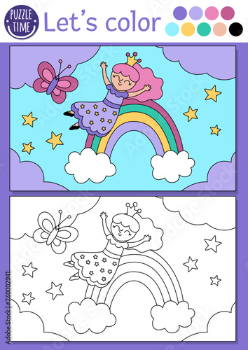 Coloring page for children with cute fairy princess sliding rainbow. Vector fairytale outline illustration. Fantasy color book for kids with colored example. Magic world drawing printable worksheet.