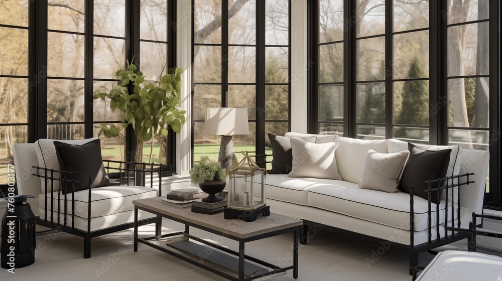 Sunroom in eggshell whites and light grays with matte black metal trim.