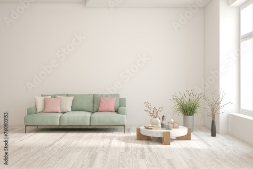 White modern interior design with sofa. Scandinavian interior design. 3D illustration