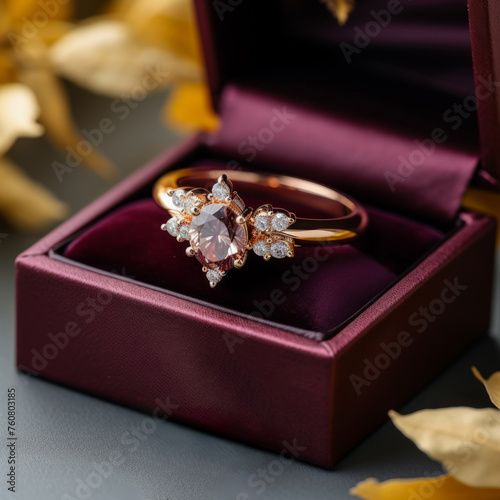 Beautiful diamond wedding ring in a red box. Golden engagement ring with a big diamond sitting in the ring box. Diamond ring with beautiful patterns and small diamonds. Unique special design, jewelry