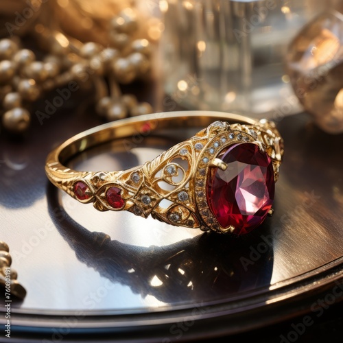 Beautiful ruby ring lying on the table. Red ruby cocktail ring with small diamonds, yellow gold and beautiful patterns. Ruby ring with a unique special design, high jewelry luxury expensive bijouterie