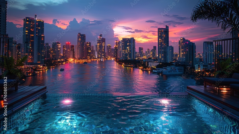 Fototapeta premium Swimming Pool With City Skyline in the Background