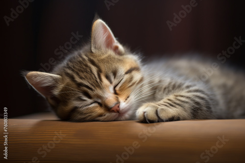 small cute cat is sleeping. pet is resting. the kitten lies on the sofa.