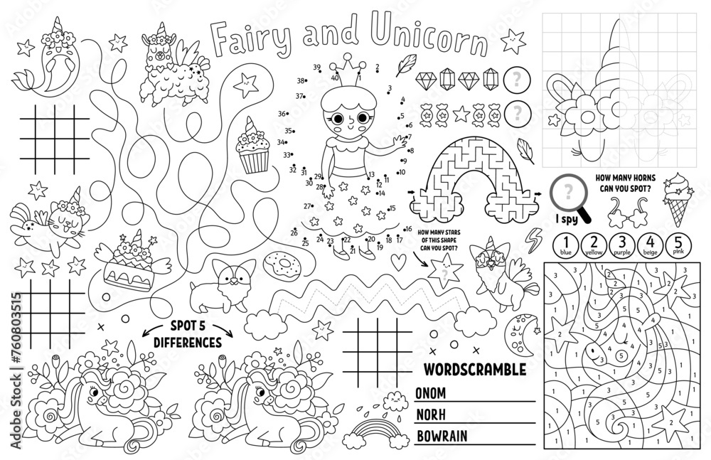 Vector unicorn placemat for kids. Fairytale printable activity mat with maze, tic tac toe, connect the dots, find difference. Black and white play mat, coloring page with fairy, rainbow, princess