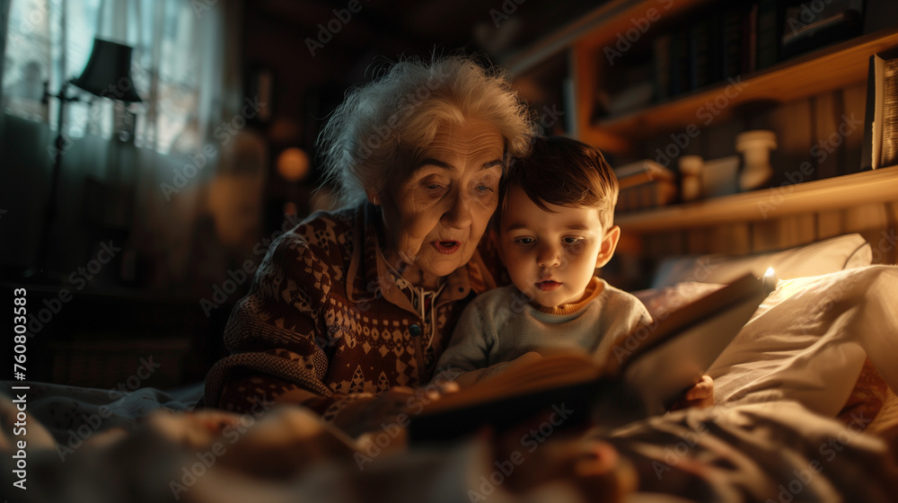 Grandmother reading a book to a young child in a cozy bedroom.