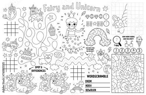 Vector unicorn placemat for kids. Fairytale printable activity mat with maze  tic tac toe  connect the dots  find difference. Black and white play mat  coloring page with fairy  rainbow  princess