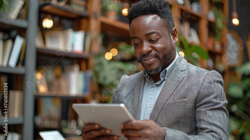 Man in Suit Analyzing Tablet