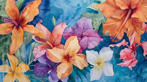 A collection of tropical flowers  vividly rendered in watercolor  suggesting an exotic and vibrant paradise.