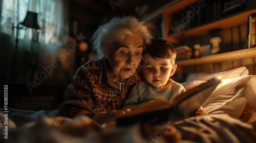 Grandmother reading a book to a young child in a cozy bedroom.
