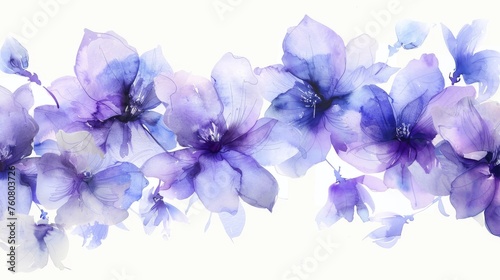 A dynamic arrangement of purple watercolor flowers in full bloom, creating a sense of growth and vitality, set against a white background.