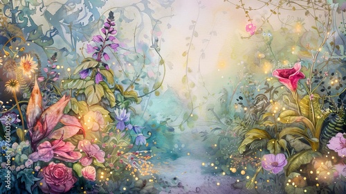 A magical watercolor fairy garden, filled with whimsical flowers and tiny lights, inspiring wonder and imagination. photo