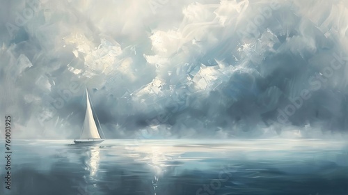 A minimalist seascape with a single sailboat under a vast sky, portrayed in a modern oil painting technique. photo