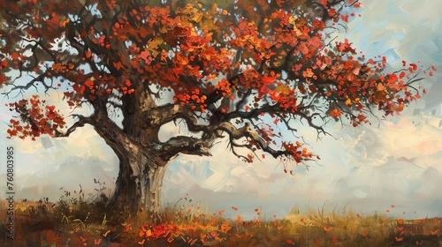 A nostalgic oil painting of a tree from one s childhood home  adorned with autumn flowers  evoking memories of simpler times.