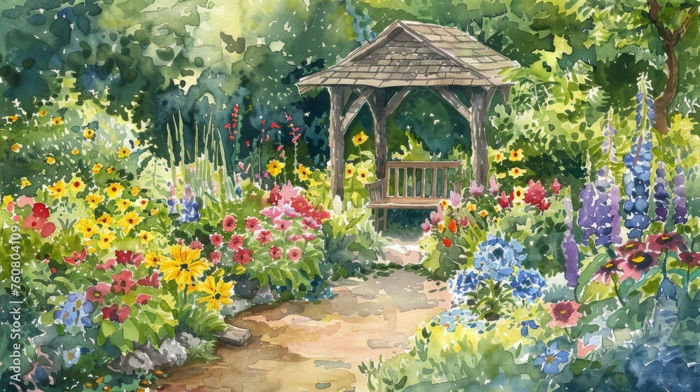 A secluded watercolor garden nook filled with a variety of flowers, creating a private sanctuary for reflection and relaxation.