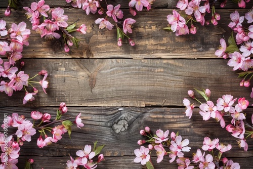 Cherry blossoms framing a rustic wooden backdrop Signaling the arrival of spring with a delicate and beautiful display of nature.