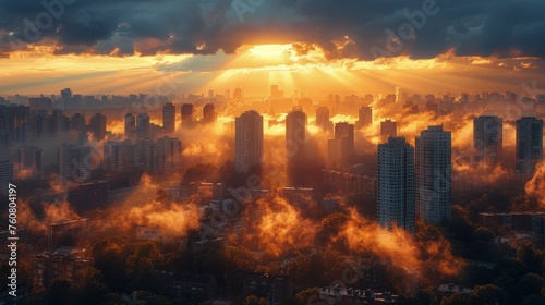 Sun Shining Through Clouds Over City