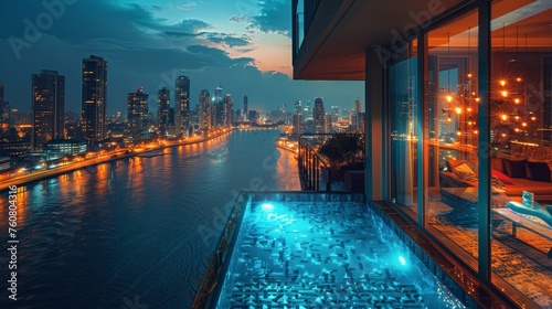 Swimming Pool With City Skyline in the Background