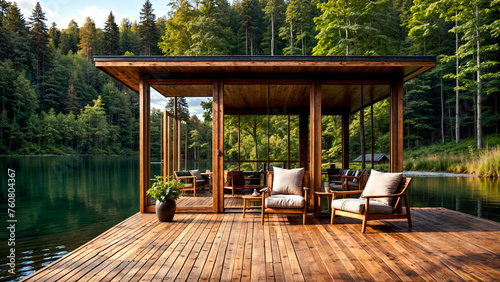 Lakeside wooden deck with serene forest and tranquil water view