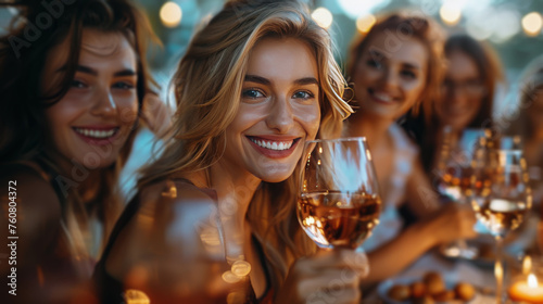 Group of Women Sitting at Table With Wine Glasses
