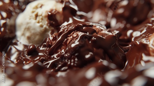 A delectable explosion of chocolate goodness captured in a close-up of a rich hot fudge sundae melting over creamy scoops of ice cream.