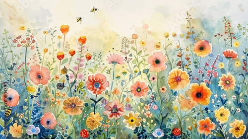A whimsical watercolor garden scene, filled with a variety of flowers and buzzing bees, evoking a sense of joy and abundance.