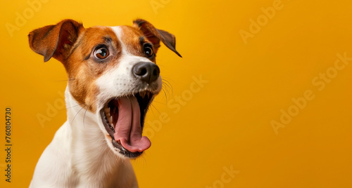 Funny Jack Russell Terrier dog with tongue sticking out shockingly looks away on yellow background. Blank space for text. Generated AI