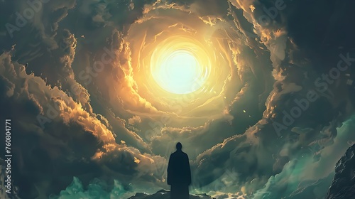 gateway to transcendence: a silhouette meditates atop a peak, enveloped by a cloud vortex with a radiant tunnel of light
