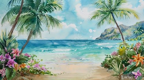 Beach scene with tropical flowers and palm trees in watercolor, conveying a sense of relaxation and paradise.