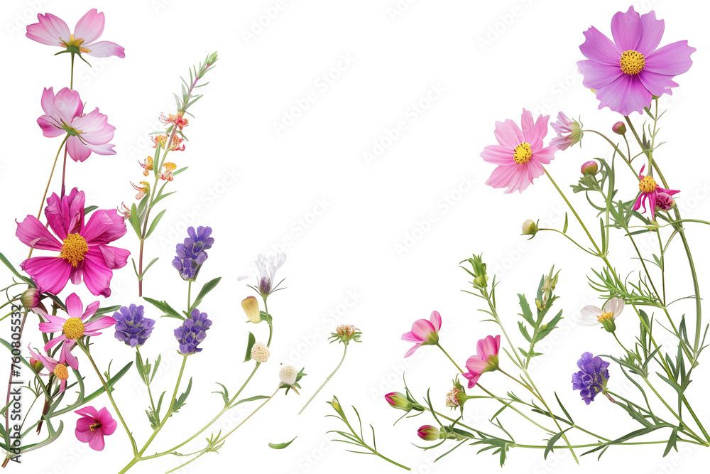 Beautiful cosmos flowers frame isolated on transparent background. PNG. Vintage Watercolor floral frame with empty space for copy text. Wild lower border for wedding invitation and for postcard design