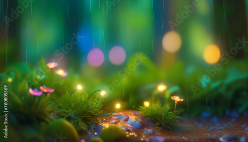 A stunning 35mm photograph of a fairy forest at night with rain falling and soft lighting.