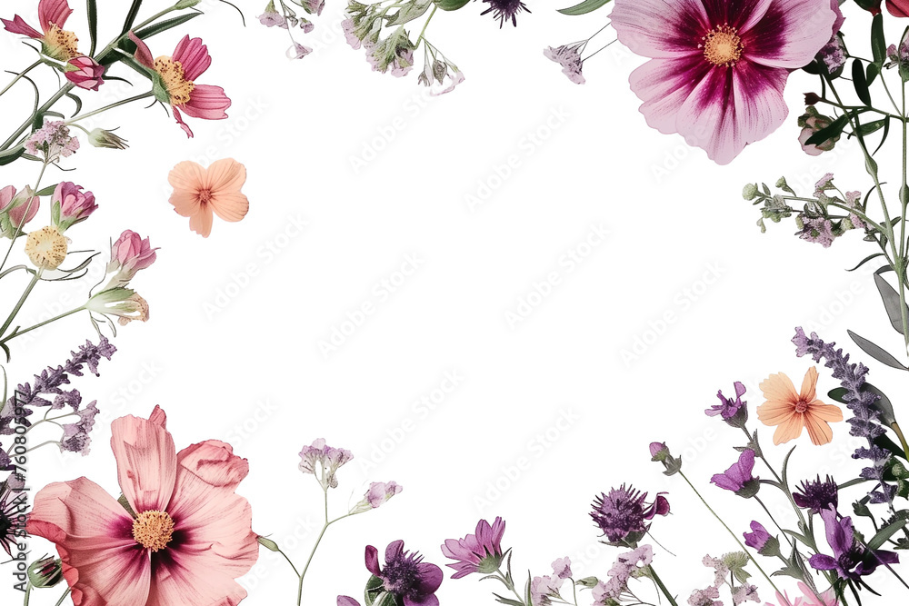 Beautiful wild flowers frame isolated on transparent background. PNG. Vintage Watercolor floral frame with empty space for copy text. Flower border for wedding invitation and for postcard design