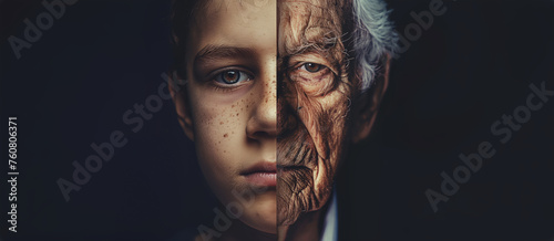 A split portrait of a man and boy when they were young and old. representing the progress of time, aging, skincare, and the contrast between youth and old age. with copy space