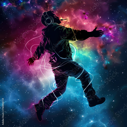 A man in a space suit is jumping through the sky