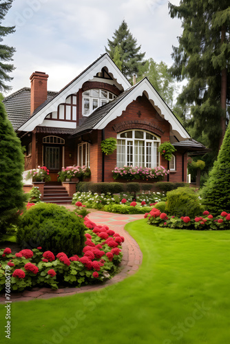 Elegant and Beautifully Crafted Brick Dwelling House Surrounded by a Verdant Lawn and Charming Garden