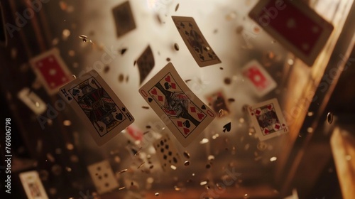 A dramatic overhead perspective captures a deck of playing cards exploding into the air, each card spinning and twirling in a chaotic yet harmonious dance of luck and skill.