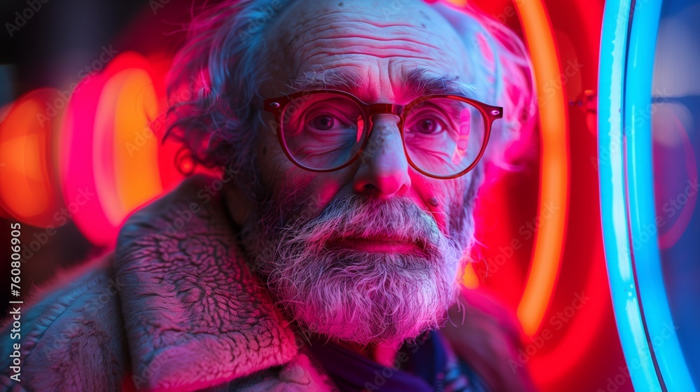 Bearded Man With Glasses Standing in Front of Neon Lights
