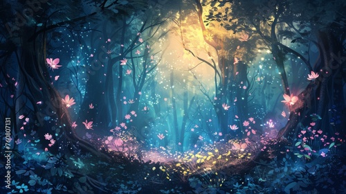 Fantasy forest scene with magical watercolor flowers glowing under a starry sky, creating an atmosphere of wonder and enchantment.