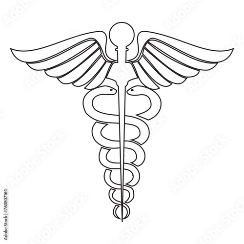 Caduceus medical symbol. Medical icon. Caduceus icon, logo with stroke line. Medical logo. Caduceus silhouette, vector. Healthy Icon. Medical Snake Caduceus Logo with stroke line.