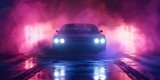 Neon Lights Illuminate Drifting Car with Tire Tracks in Smoky Atmosphere. Concept Neon Lights, Drifting Car, Tire Tracks, Smoky Atmosphere, Night Photography