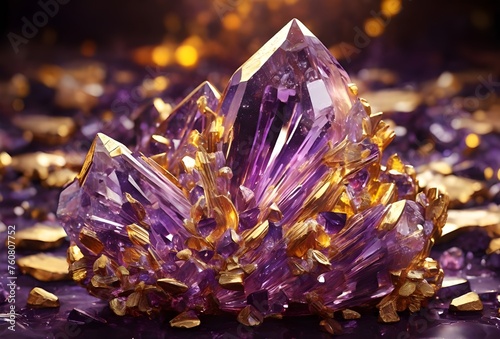 Background with purple and gold crystals close-up. Amethyst crystals