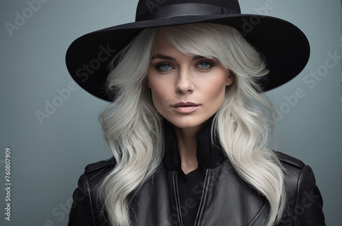 Beautiful mature female blonde adult with white hair wearing black hat on gray background. Fashion model girl in black shirt and leather jacket looking straight to camera © Rayan Heaven