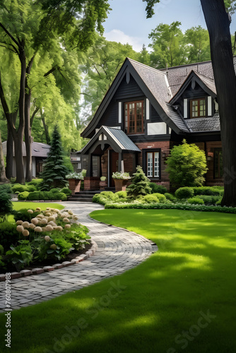 Elegant and Beautifully Crafted Brick Dwelling House Surrounded by a Verdant Lawn and Charming Garden