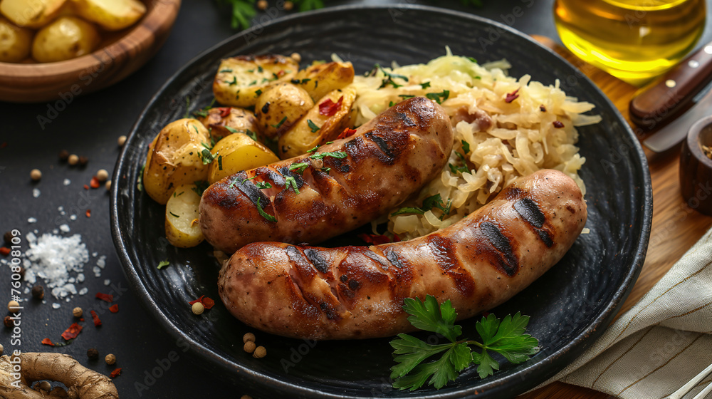 Fototapeta premium Salchichas con chucrut y patata cocida
