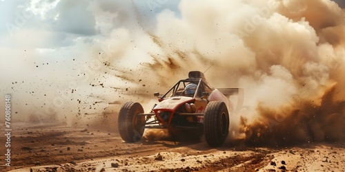 Race car skids around corner in a cloud of smoke and dust. Concept Automobile Racing, Speedy Skids, Dramatic Turns, Smoky Burnouts, Drifting Intensity