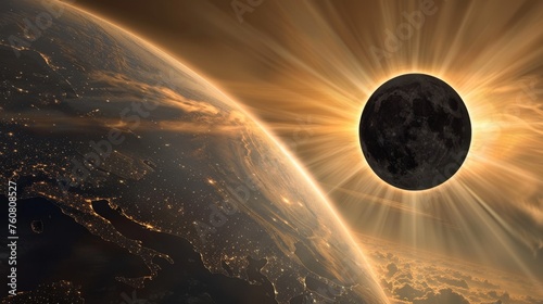 Illustration of Earth during a solar eclipse, showing the shadow and light contrast.