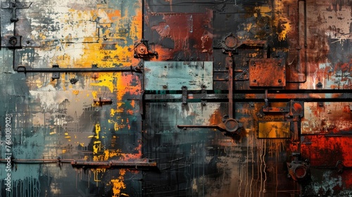 Industrial abstract oil painting background with metallic tones and gritty textures.